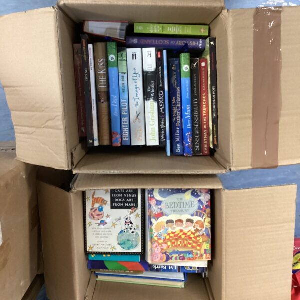 Stack of children's and fiction books, including "Bedtime Treasury".