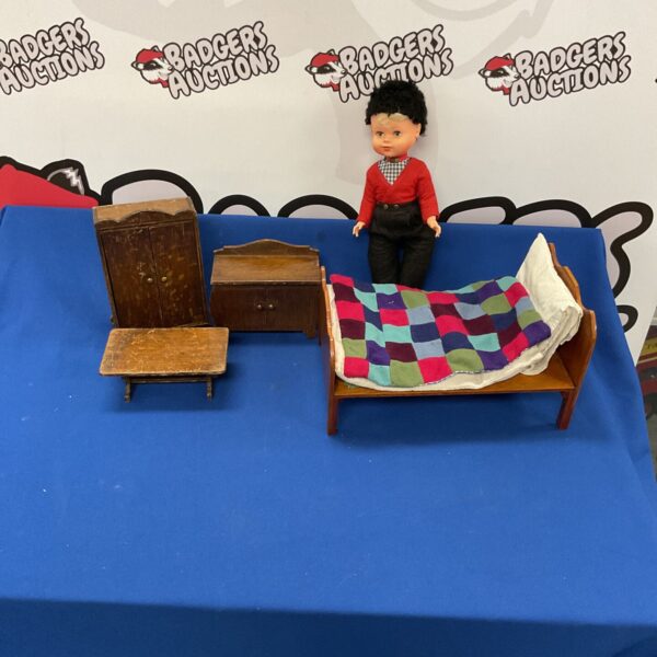 Vintage Dutch doll with miniature dollhouse furniture set.