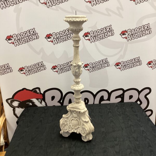 Vintage concrete table lamp with sculpted floral details.