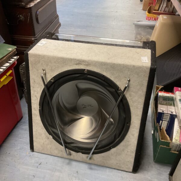 Front view of a Pro Plus car subwoofer in a wooden enclosure.