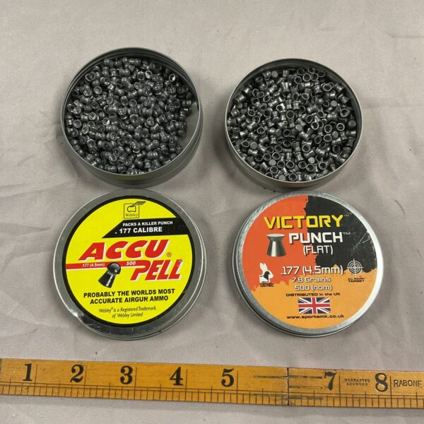 Two tins of .177 calibre Accu airgun pellets for shooting sports.