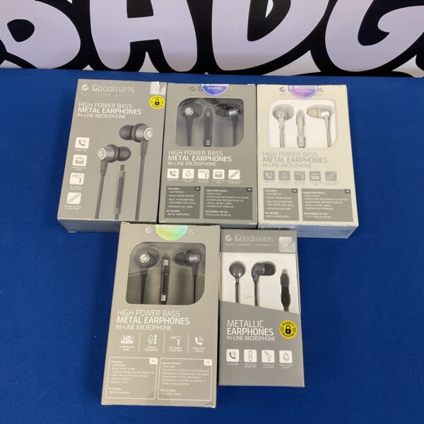 Lot of five new Goodmans metal earphones in original packaging.