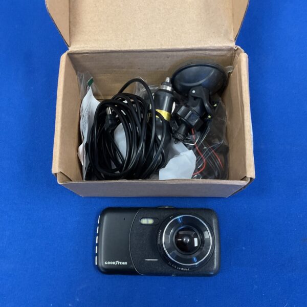 Goodyear dash camera showing the front view and screen.