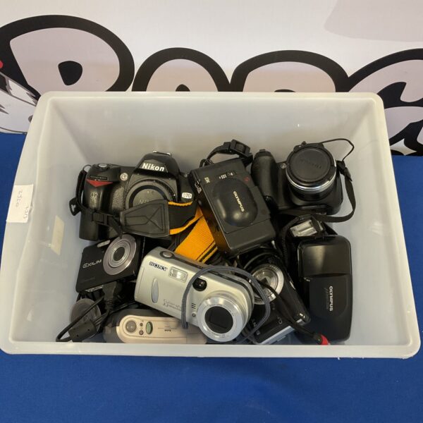 Vintage camera lot featuring Nikon D70 and Olympus Mju cameras.