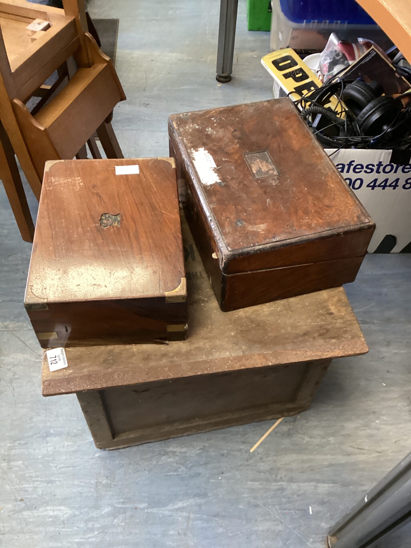 712 Two writing slopes & vintage wooden storage box