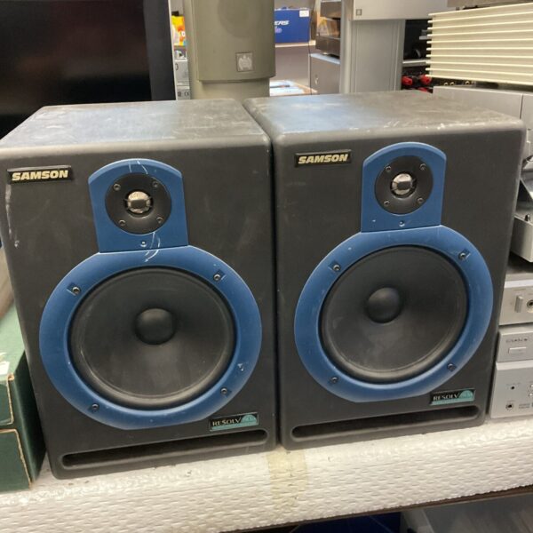 Vintage Samson Resolv 80A speakers with blue cone drivers.