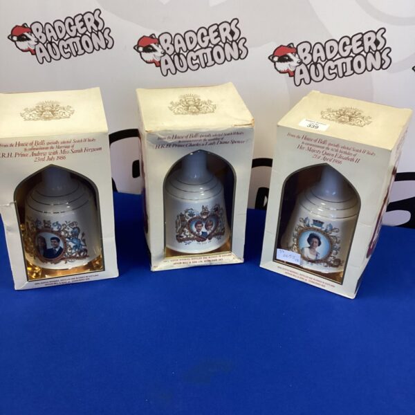 Three full Bells Royal Whisky decanters in a collectible lot.