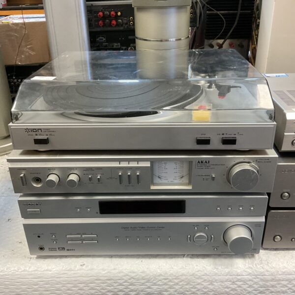 Vintage audio equipment lot featuring Sony, Akai, and Ion components.