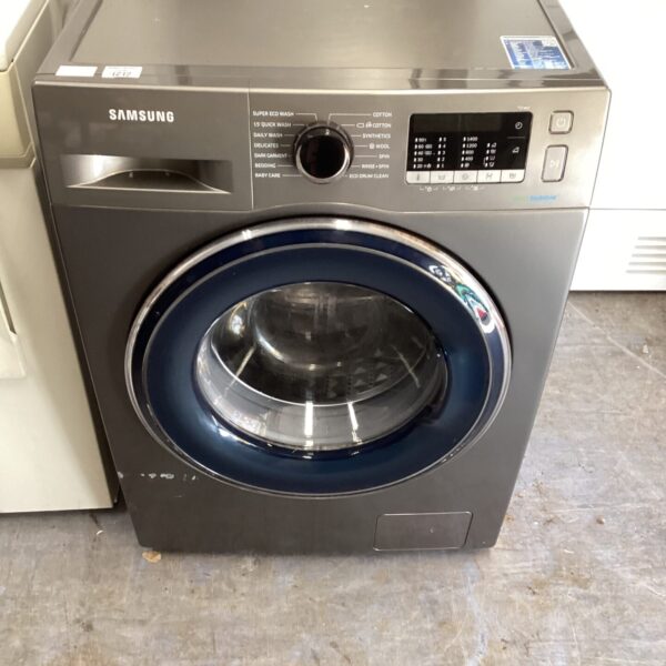 Silver Samsung Eco Bubble washing machine front view.