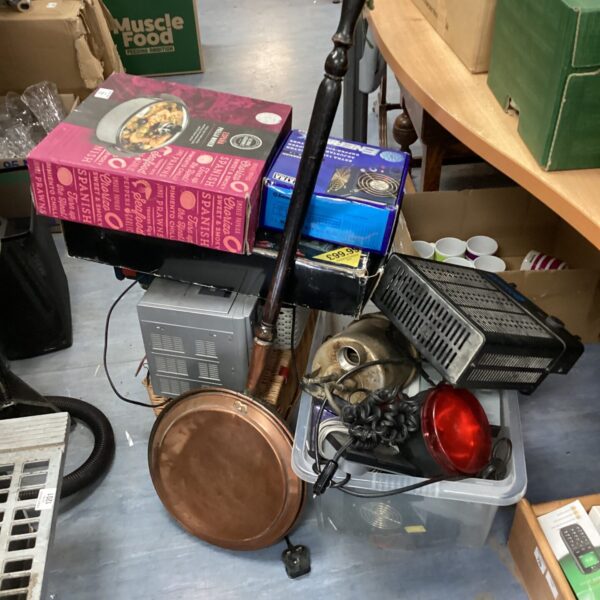 Mixed clearance lot with tools, hardware, and a copper cylinder.