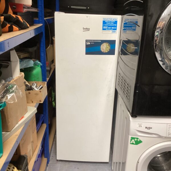 Used Beko tall freezer unit in a kitchen setting.