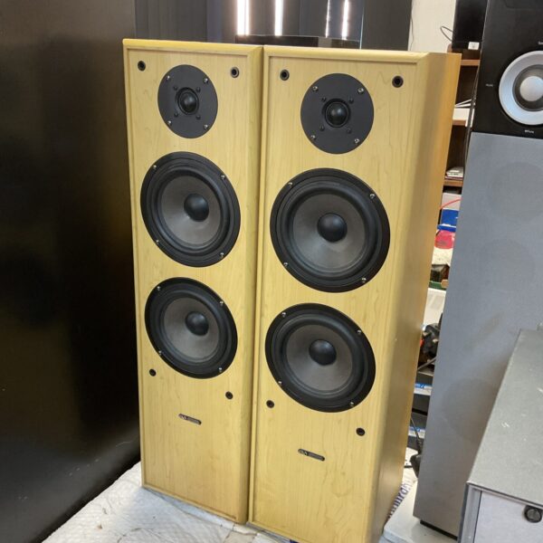 Pair of Acoustic Solutions AV-120 bookshelf speakers in woodgrain finish.