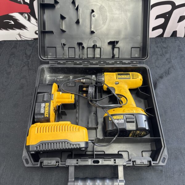 Dewalt DC777 cordless drill in open case with batteries.