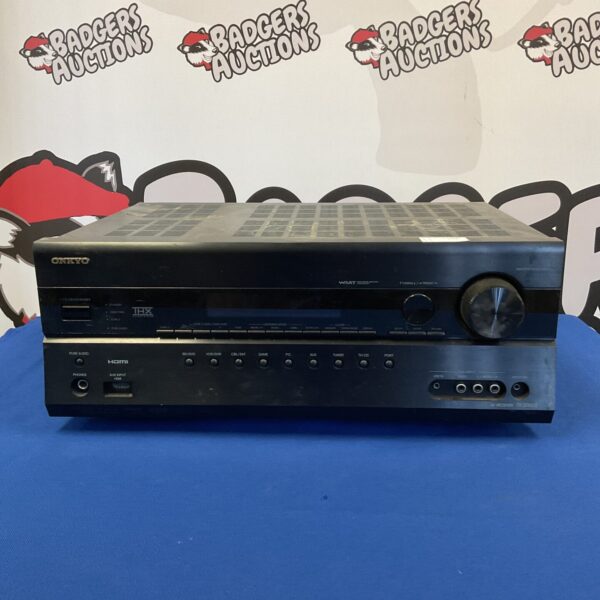 Onkyo TX-SR608 AV receiver front view, home theater equipment.