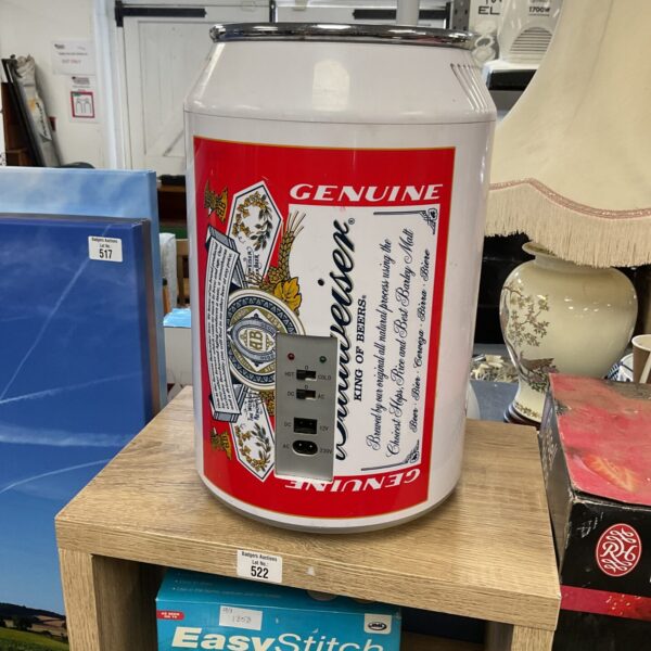 Budweiser can shaped mini fridge, retro beer cooler.