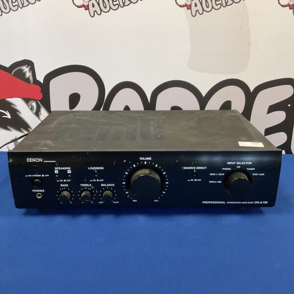 Front view of a vintage Denon DN-A100 pro amplifier.