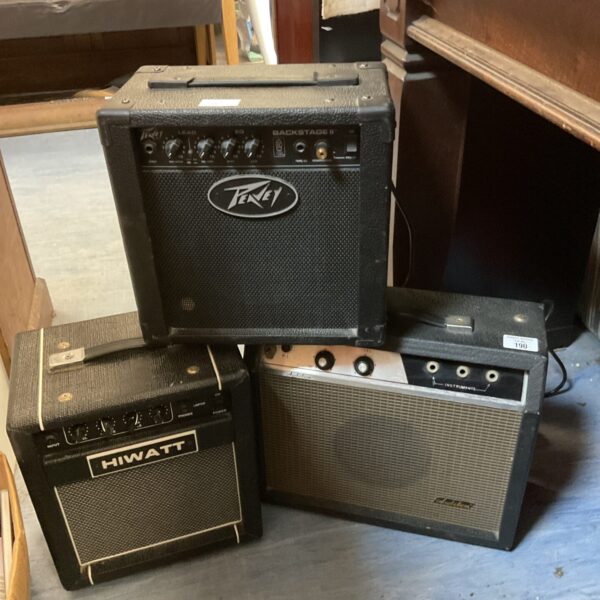 Vintage guitar practice amps including Peavey Backstage and Hiwatt.
