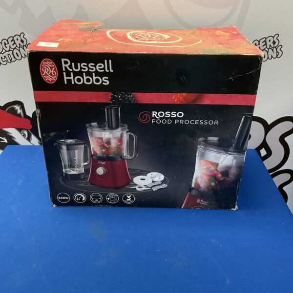 Red Russell Hobbs Rosso food processor in original packaging.