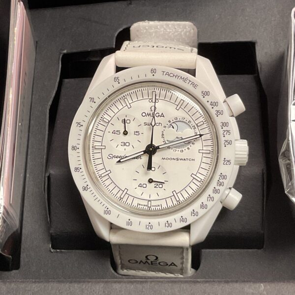 Front view of the white Omega Swatch Moonphase Bioceramic watch.