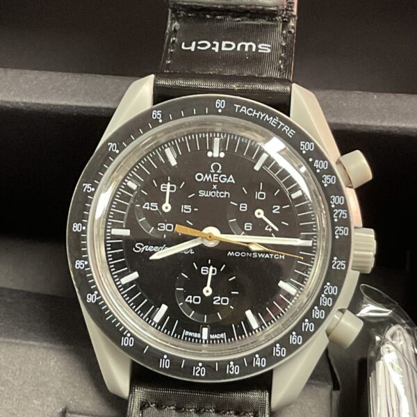 Front view of the Omega Swatch MoonSwatch Mission to the Moon bioceramic watch.