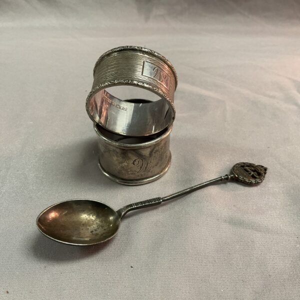 Vintage sterling silver napkin rings and spoon set, hallmarked silver.