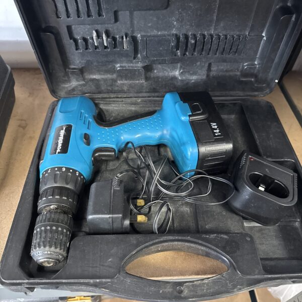 Powerbase cordless drill with battery and charger in case.