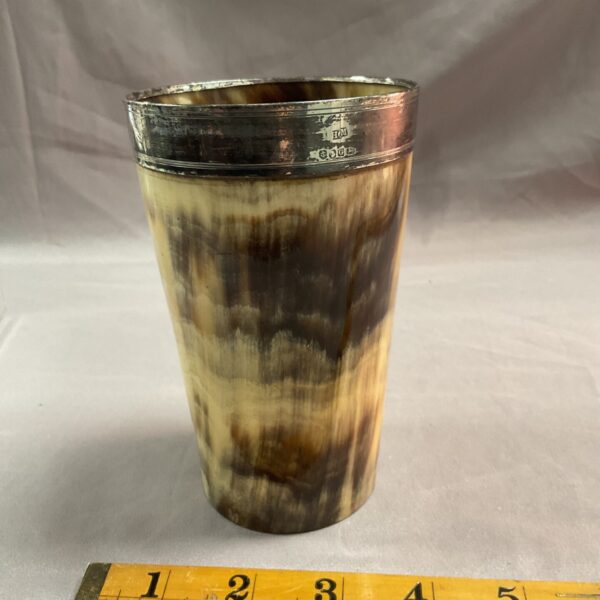 Antique silver mounted horn goblet, a Victorian drinking vessel.