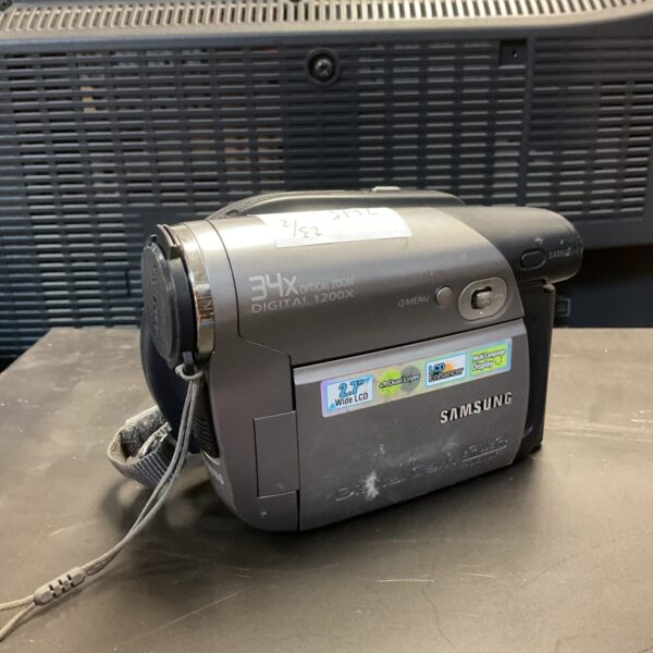 Front view of a vintage Samsung DC172W digital camcorder.