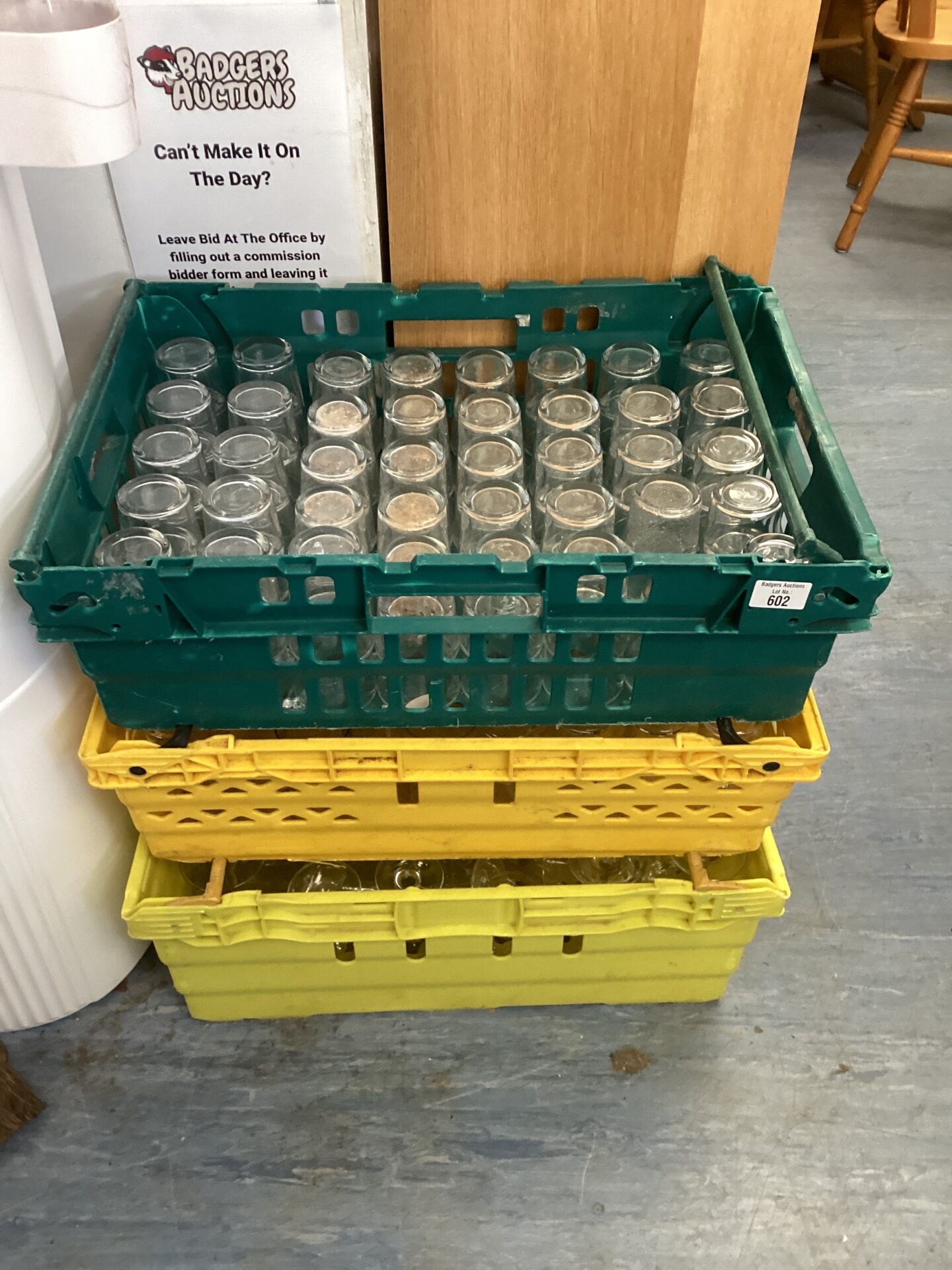 602 Three crates of mixed pub glaases inc half pint glass & wine glasses
