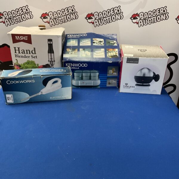 Boxed kitchenware bundle including Cookworks electric knife and Kenwood Yougurella.