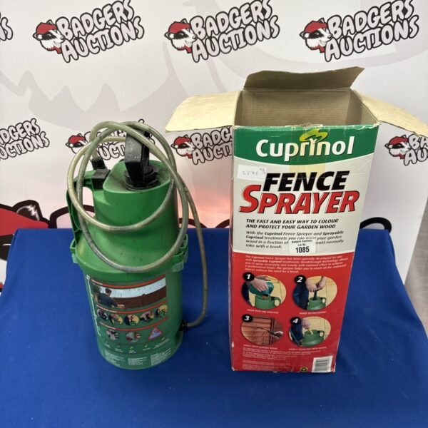 Front view of a used Cuprinol fence sprayer for garden DIY.