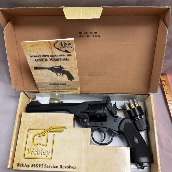 Webley Mk VI revolver in original box, collectible airgun.