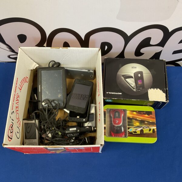 Vintage mobile phone lot featuring Motorola Razor and Ferrari phone.