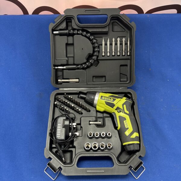 Guild cordless screwdriver set in open case with bits.