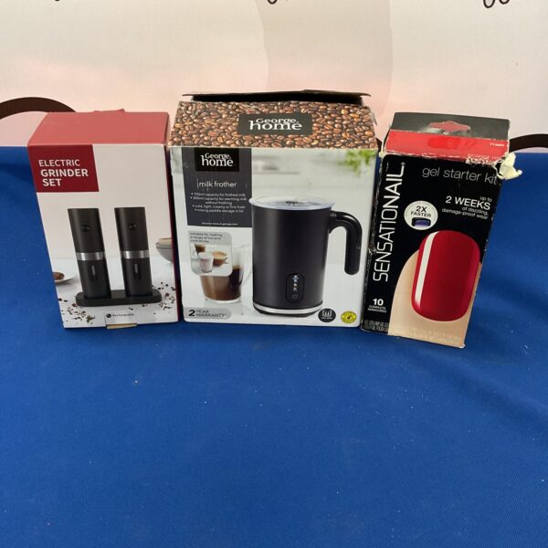 Boxed kitchen appliance bundle including milk frother and grinder.