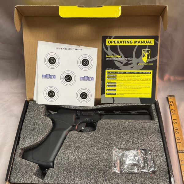 Artemis CP400 air pistol with box, gas canister, and pellets.
