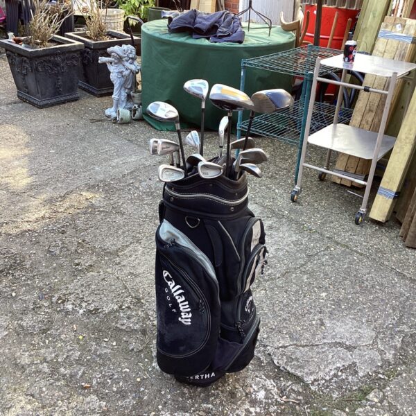 Callaway golf bag with clubs in a garden setting.