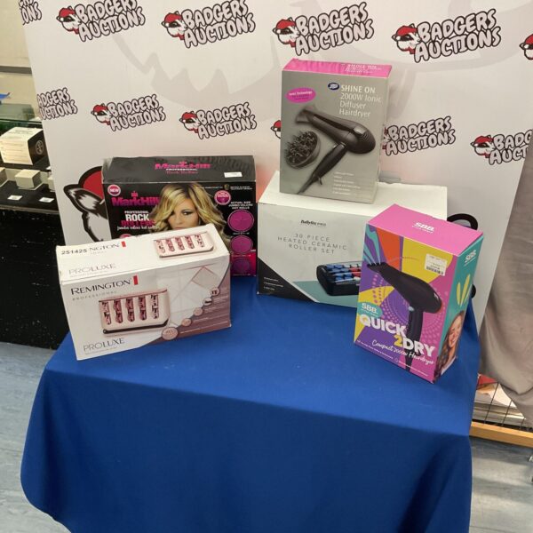 Mixed lot of boxed beauty styling tools including Markhill hair dryer.