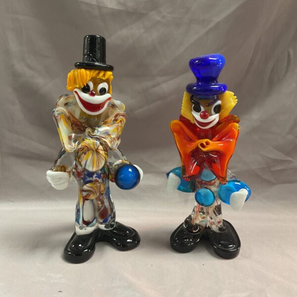 Vintage Murano glass clowns, colourful Italian art glass figurines.