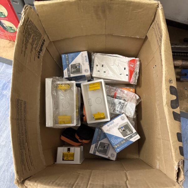 Lot of white MK electrical plug sockets for home wiring.