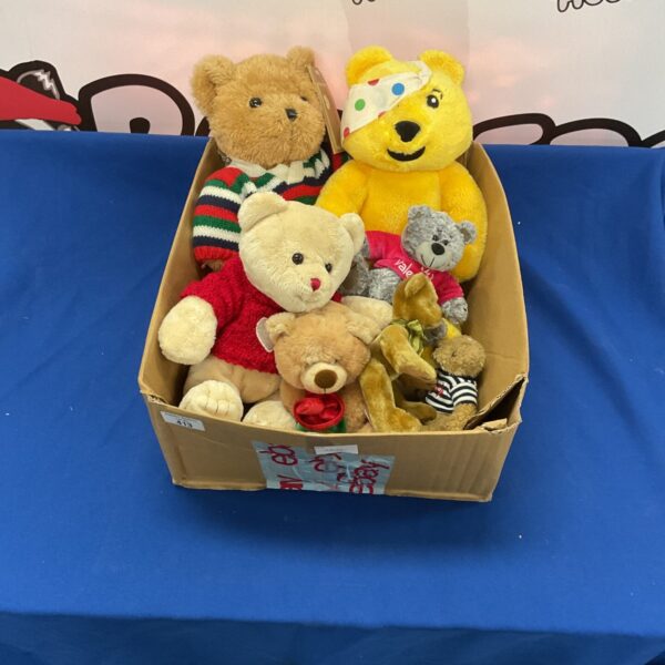 Teddy bear lot including a Pugsy bear and other soft toys.
