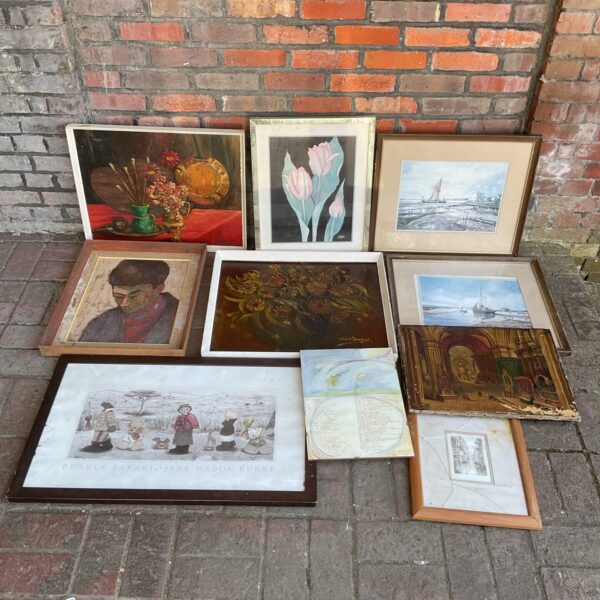 Mixed lot of vintage prints and original paintings in frames.