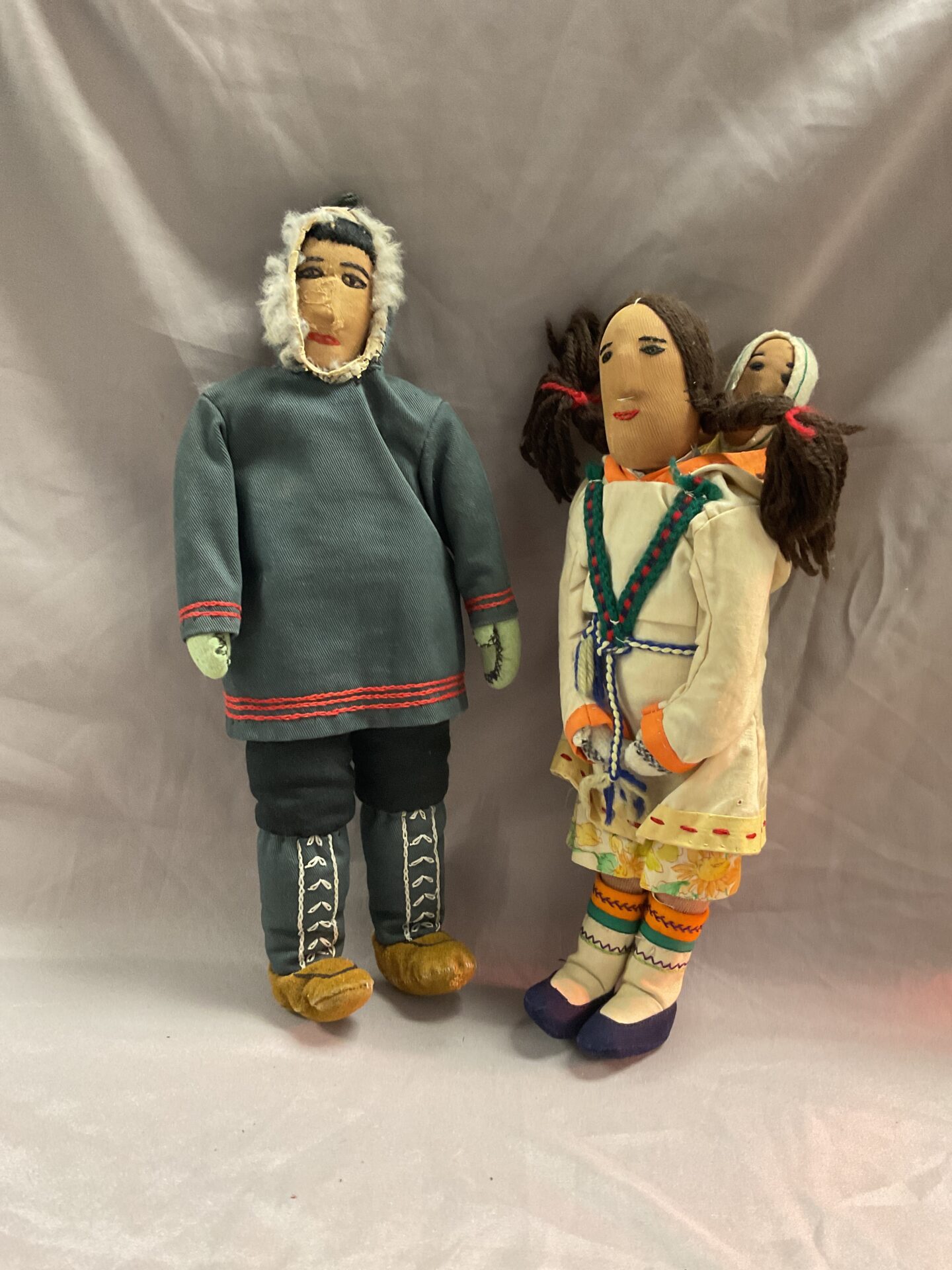 1001 Two traditional Baffin Island Inuit fabric dolls 12” Approx tall