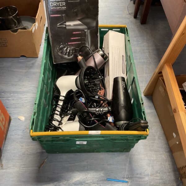 Crate of mixed hairdryers, diffusers and hair styling tools.