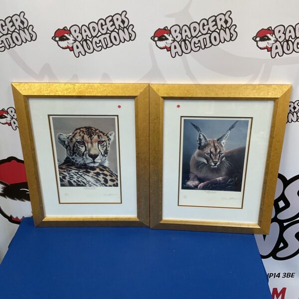 Pair of signed Fus Gatorio big cat prints for wildlife art collectors.
