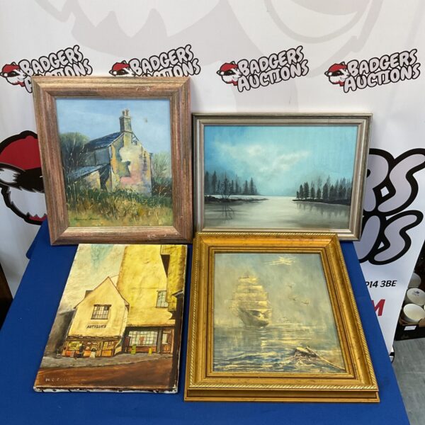 Vintage oil painting collection featuring antique shop scene.