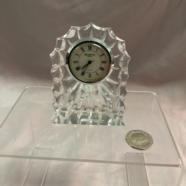 Waterford Crystal desk clock with black numerals and hands.