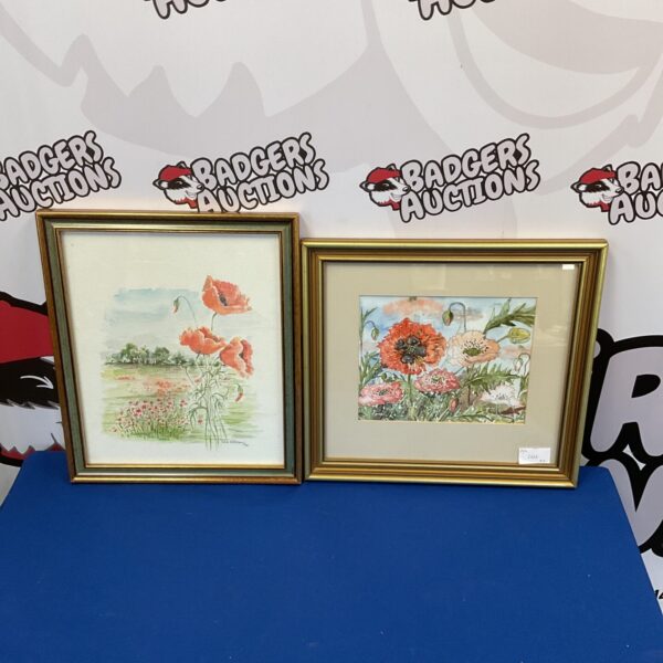 Pair of vintage watercolour paintings of poppies signed by artists.