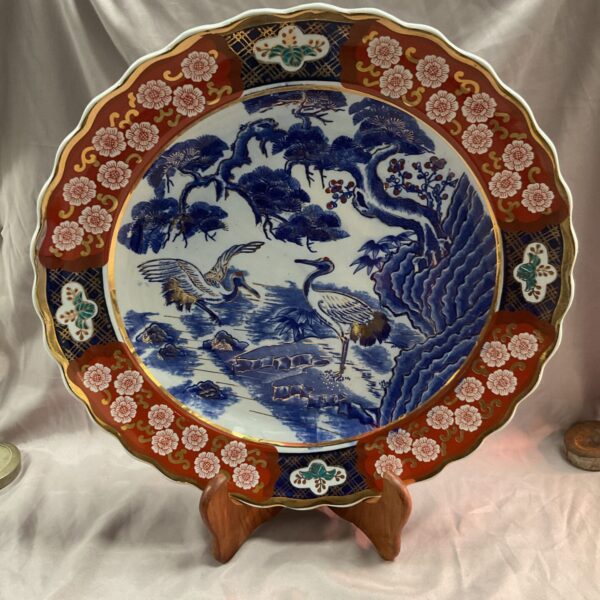 Antique Tiahodo Japanese Imari 16" charger plate Meiji period 1868 1912 hand painted transferware two cranes cobalt blue