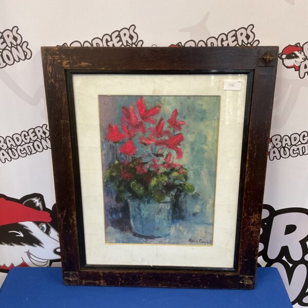 Vintage Marion Campbell still life oil painting of a potted plant.